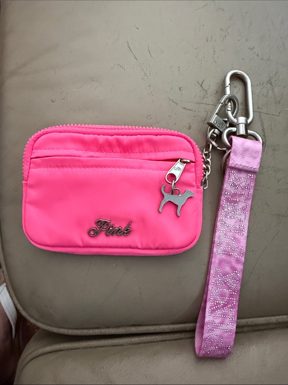 PINK Victoria's Secret Hot Pink Keychain Pouch with Pink Lanyard